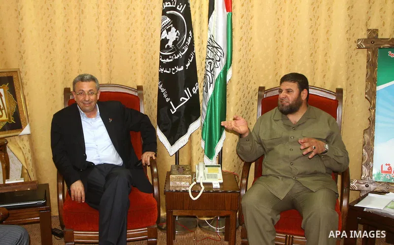 The head of Palestinian National Initiative movement Mustafa Al-Barghuti during a meeting with the head secretary general of the Popular Resistance Movement, Zakareya Doghmush in Gaza city on June 20, 2011. Photo by Ashr...