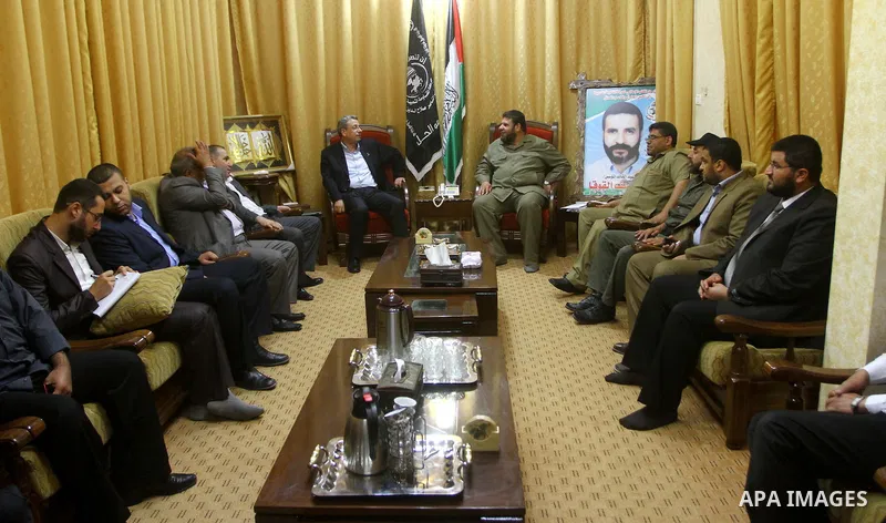 The head of Palestinian National Initiative movement Mustafa Al-Barghuti during a meeting with the head secretary general of the Popular Resistance Movement, Zakareya Doghmush in Gaza city on June 20, 2011. Photo by Ashr...