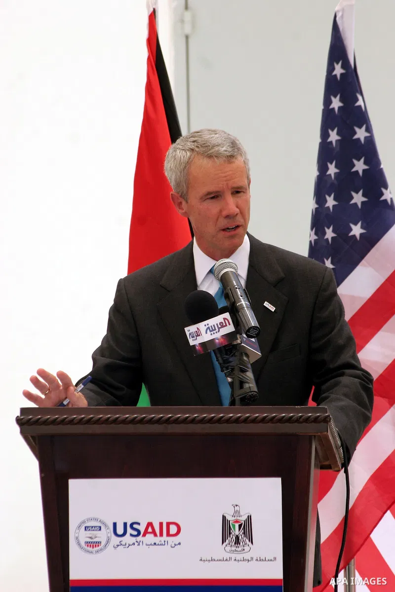 Michael T. Harvey a USAID Mission Director delivers speech during the inauguration ceremony for well stations rehabilitation project in the southern West Bank village of Tuqu'a, which was financed by the US Agency for in...