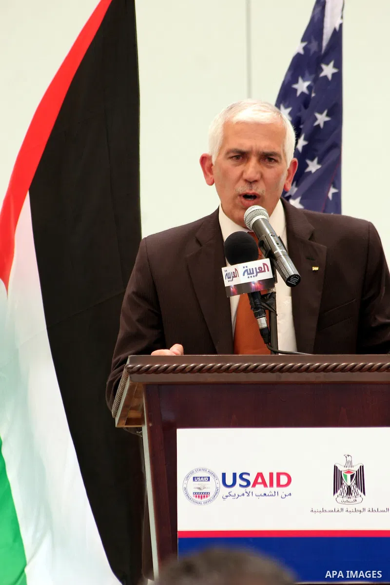 Kamel Hmed, a Governor of Hebron delivers speech during the inauguration ceremony for well stations rehabilitation project in the southern West Bank village of Tuqu'a, which was financed by the US Agency for internationa...