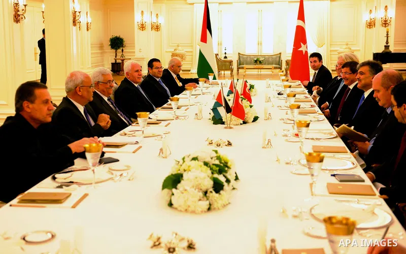 Palestinian President Mahmoud Abbas meets with Turkey's President Abdullah Gul at the Presidential Palace of Cankaya in Ankara, on June 23, 2011. Photo by Thaer Ganaim