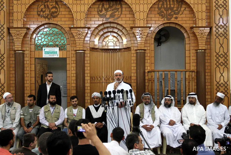 Palestinian prime minister in Gaza Strip, Ismail Haniya delivers speech during his meeting with members of ''Miles of Smiles 3'' aid convoy after Friday prayers at Al-Gharbi mosque in Gaza city on Jun 24,2011.. Photo by...