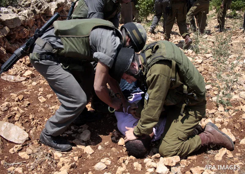 Israeli soldiers detain a Palestinian protester during a demonstration against the demolishing of farm land to be used in the construction of Jewish settlements near the existing Israeli settlement of Karmi Tsor near the...