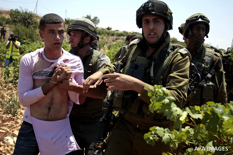 Israeli soldiers detain a Palestinian protester during a demonstration against the demolishing of farm land to be used in the construction of Jewish settlements near the existing Israeli settlement of Karmi Tsor near the...