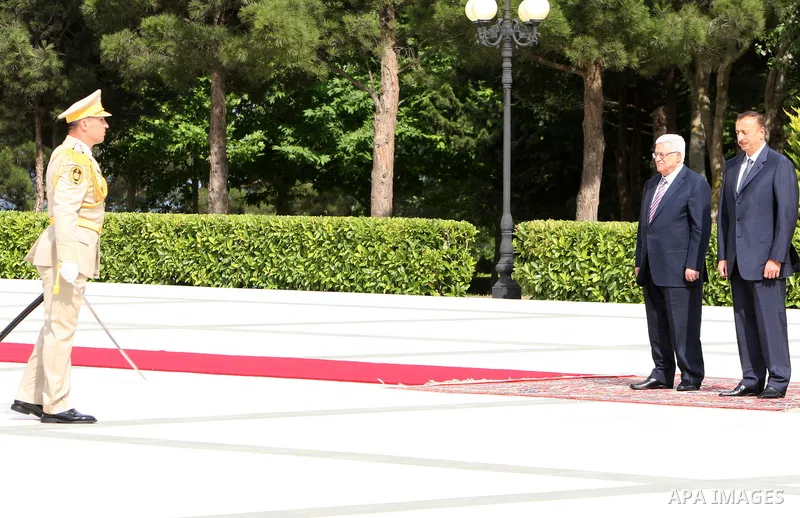 Palestinian president Mahmoud abbas (Abu Mazen) arrives to Azerbaijan and meets with Azerbaijan's President Ilham Aliyev in the capital Baku on Jun 28,2011. Photo by Thaer Ganaim