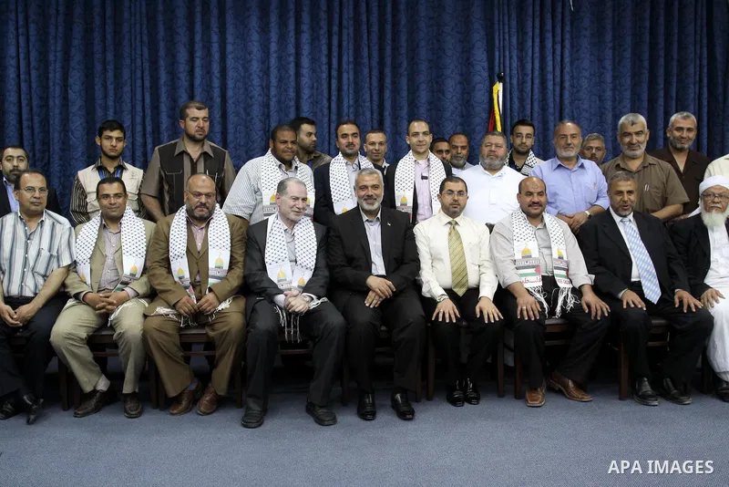 Palestinian Prime Minister in Gaza strip, Ismail Haniya meets with delegation from the Federation of Arab doctors in his office in Gaza city on July 7, 2011. Photo by Mohammed Asad