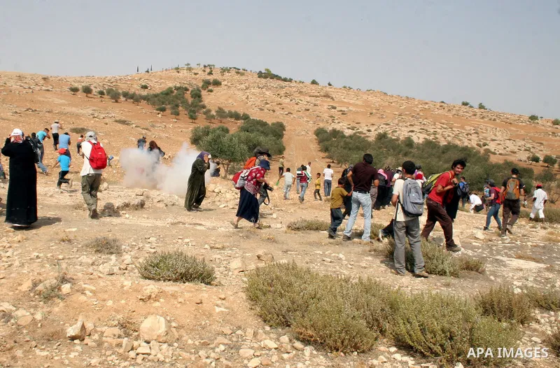 Palestinian, foreign and Israeli protesters run for cover as Israeli troops fire tear gas to disperse the protesters during a demonstration against the demolishing of farm land to be used in the construction of Jewish se...