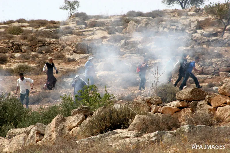 Palestinian, foreign and Israeli protesters run for cover as Israeli troops fire tear gas to disperse the protesters during a demonstration against the demolishing of farm land to be used in the construction of Jewish se...