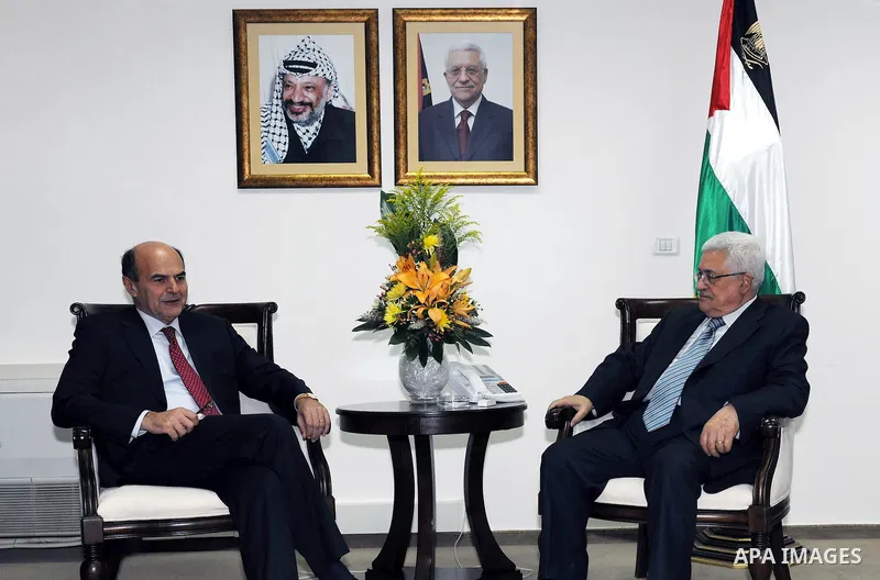 Palestinian President Mahmoud Abbas (Abu Mazen) meets with the head of Italian Democratic Party, Luigi Bersani in the West Bank city of Ramallah on July 11,2011. Photo by Mufeed Abu Hasnah