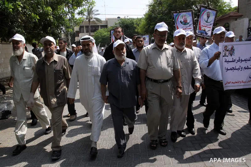 Palestinian Hamas legislators take part in a protest in front of UNRWA headquarters in Gaza city on July 12, 2011 in support with Jerusalem's parliament members who have been living inside the ICRC compound in Jerusalem...