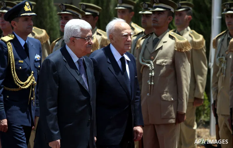 Palestinian President Mahmoud Abbas (Abu Mazen) meets with Greek President Karolos Papoulias in the West Bank city of Ramallah on July 12, 2011. Photo by Thaer Ganaim