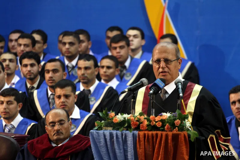 Jamal El Khoudary, Chairman of the board trustees delivers speech during a graduation ceremony for the Palestinian students at the Islamic University in Gaza city on July 12, 2011. Photo by Mohammed Asad