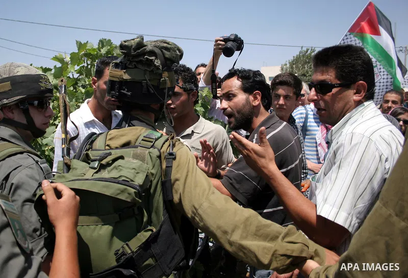 Protesters argue with an Israeli soldiers during a demonstration against Israel's controversial separation barrier in the West Bank village of Maasarah, near the biblical town of Bethlehem on 15 July 2011. Israel says th...