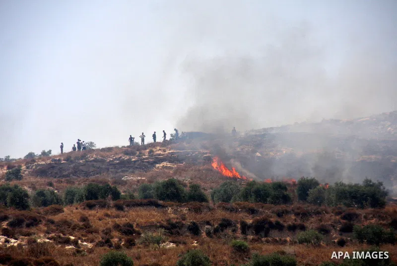 Palestinians try to extinguish a fire on their land after Israeli settlers from the settlement of Yitshar burned the fields at the village of Burin near the West Bank town of Nablus, 15 July 2011. A group of Israeli sett...