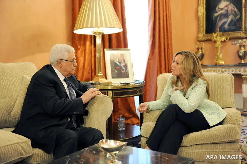 Palestinian President Mahmoud Abbas (Abu Mazen) meets with Spanish Foreign Minister Trinidad Jimenez at foreign ministry in Madrid July 19, 2011. Photo by Thaer Ganaim