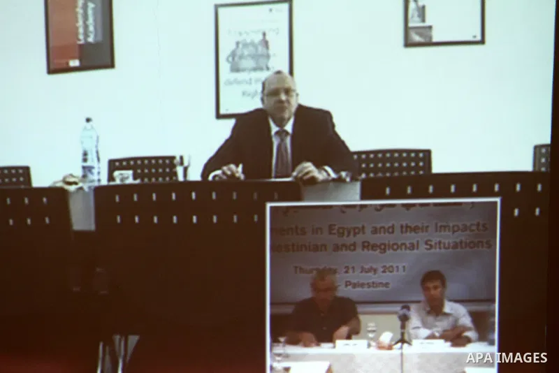 The Egyptian Ambassador to the PA, Yasser Othman via video conference sponsored by Pal Think, about "Face the Public" in Gaza city on July 21, 2011 . Photo by Mohammed Asad
