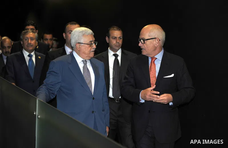 Palestinian president Mahmud Abbas meets with FC Barcelona's vice president Carles Vilarrubi during a visit at the Camp Nou Stadium in Barcelona on July 21, 2011. Abbas is on a two-day visit in Spain aimed at drumming up...