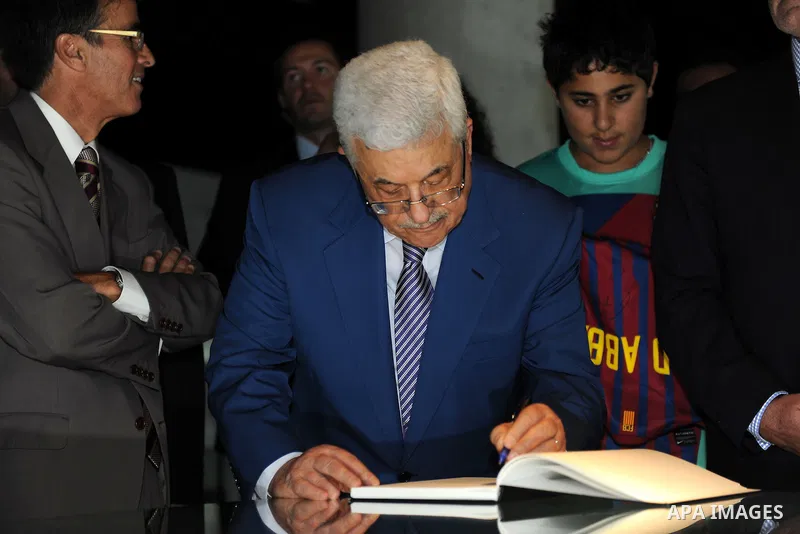 Palestinian president Mahmud Abbas meets with FC Barcelona's vice president Carles Vilarrubi during a visit at the Camp Nou Stadium in Barcelona on July 21, 2011. Abbas is on a two-day visit in Spain aimed at drumming up...