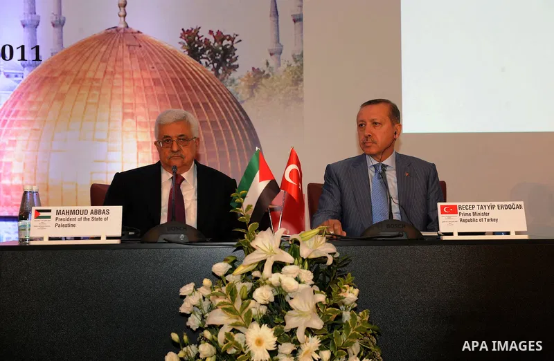 Palestinian President Mahmoud Abbas (Abu Mazen) meets with Turkish Prime Minister Recep Tayyip Erdogan at the opening of the Second Conference of the Ambassadors of Palestine in Istanbul on July 23, 2011. Photo by Thaer...