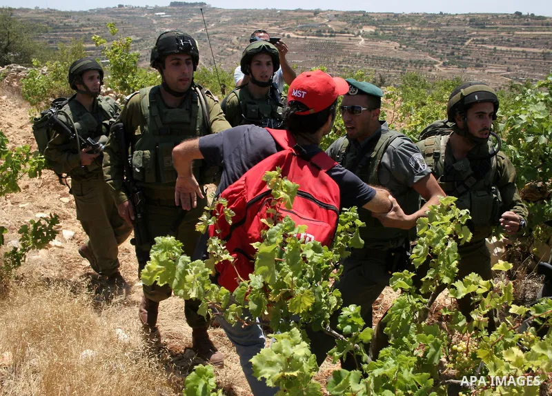 An Israeli soldier detains a protester during a demonstration against Israel's controversial separation barrier in the West Bank village of Beit Omar, near Hebron, 23 July 2011. Israel says the network of steel and concr...
