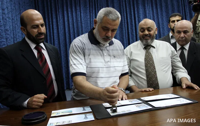 Palestinian Prime Minister in Gaza Strip, Ismail Haniya, during the Issue of postage stamps in Gaza city on July 28, 2011. Photo by Mohammed Asad