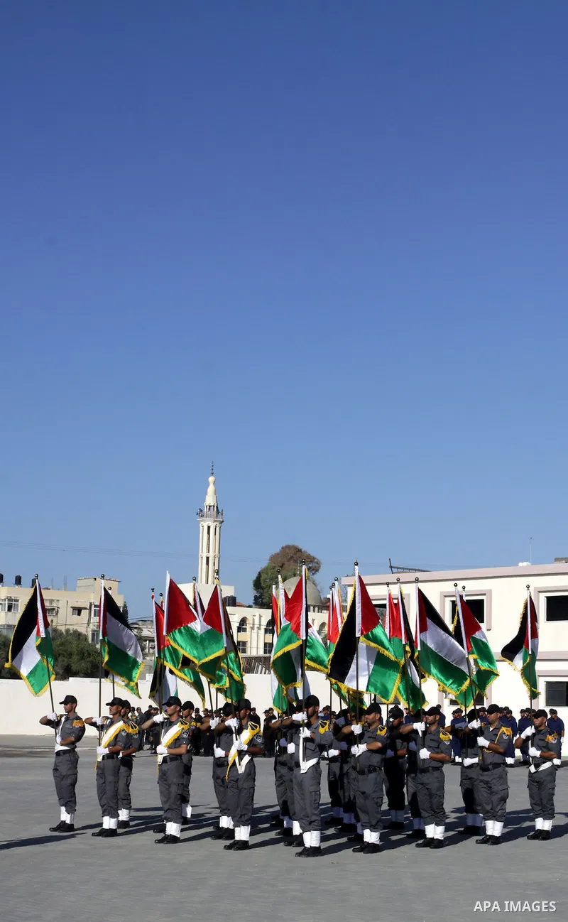 Palestinian Hamas security forces march during a graduation ceremony at the Ansar police compound in Gaza City on July 28, 2011. Photo by Naaman Omar