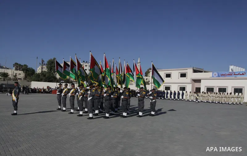 Palestinian Hamas security forces march during a graduation ceremony at the Ansar police compound in Gaza City on July 28, 2011. Photo by Naaman Omar
