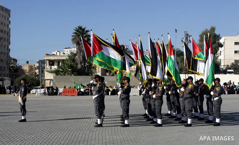 Palestinian Hamas security forces march during a graduation ceremony at the Ansar police compound in Gaza City on July 28, 2011. Photo by Naaman Omar