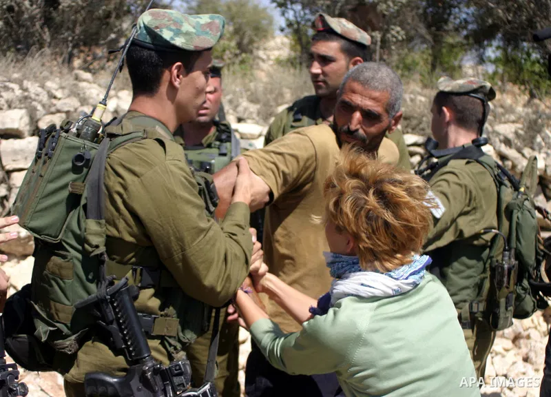 Israeli soldiers scuffle with Palestinian, Israeli and foreign activists during a demonstration against the cof farm land to be used in the construction of Jewish settlements near the existing Israeli settlement of Karmi...