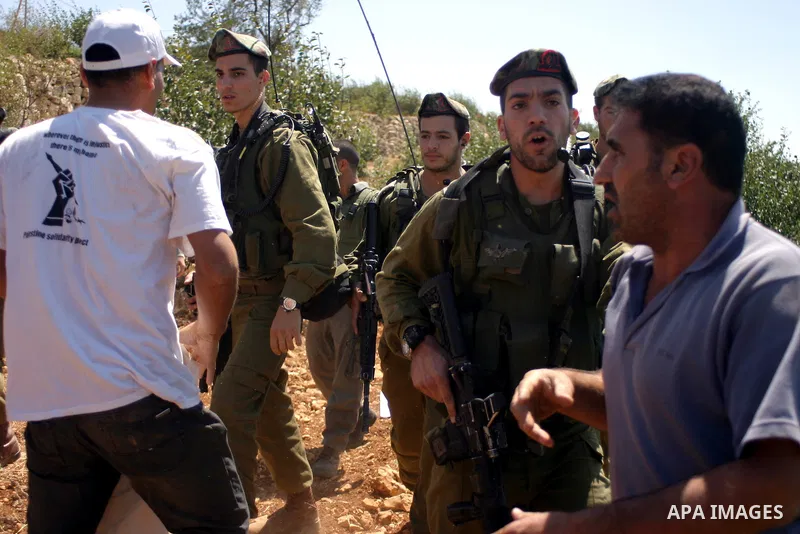 Israeli soldiers scuffle with Palestinian, Israeli and foreign activists during a demonstration against the cof farm land to be used in the construction of Jewish settlements near the existing Israeli settlement of Karmi...