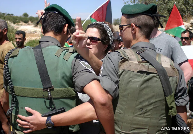 Israeli soldiers detend and scuffle with Palestinian, Israeli and foreign activists during a domonstration against the demolishing of farm land to be used in the construction of Jewish settlements near the existing Israe...