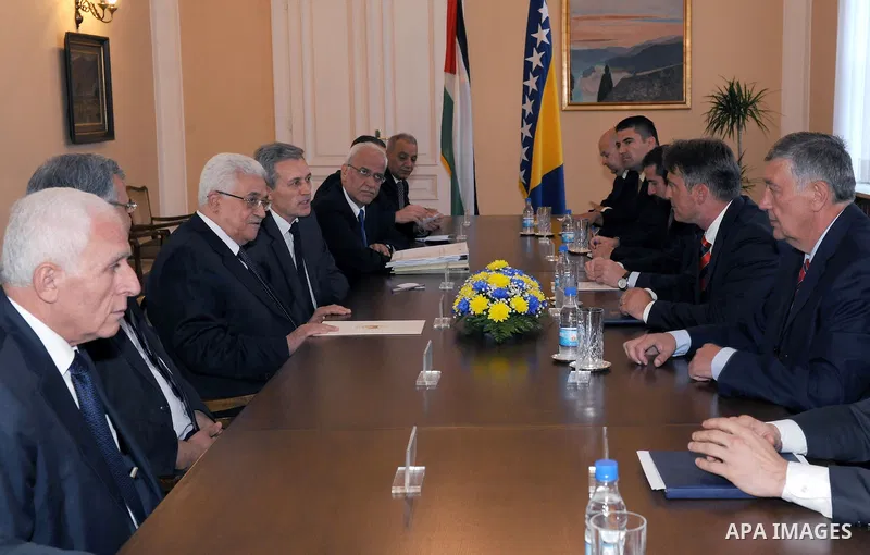 Palestinian President Mahmoud Abbas (Abu Mazen) during a meeting with Bosnian Presidency Chairman, Alija Begovic Packer and members of the Council in the Bosnian capital, Sarajevo on aug. 15, 2011. Photo by Thaer Ganaim
