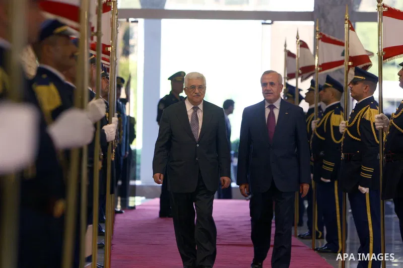Palestinian President Mahmoud Abbas meets with Lebanon's President Michel Suleiman during an official welcoming ceremony upon Abbas' arrival at the Presidential Palace in Baabda, east of Beirut, August 16, 2011. Photo by...