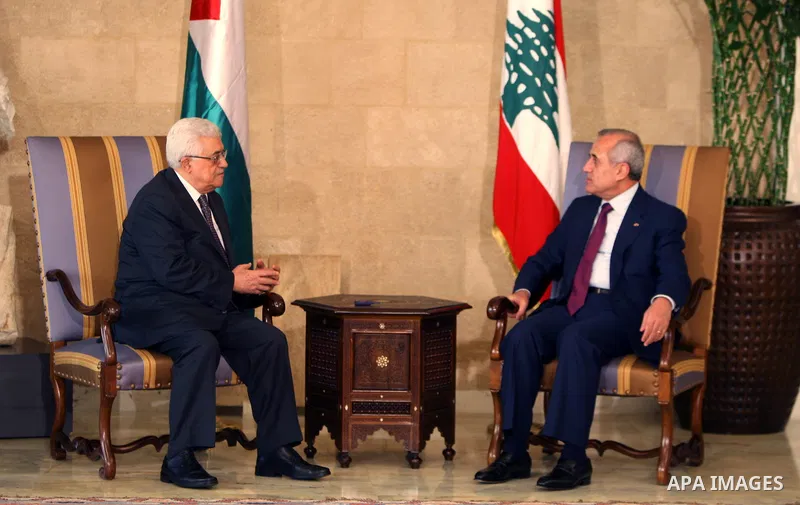 Palestinian President Mahmoud Abbas meets with Lebanon's President Michel Suleiman during an official welcoming ceremony upon Abbas' arrival at the Presidential Palace in Baabda, east of Beirut, August 16, 2011. Photo by...
