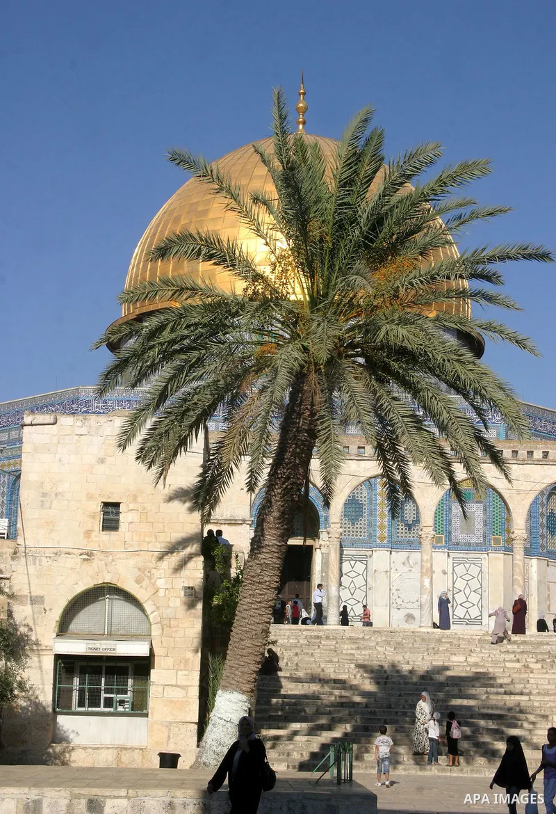 Palestinians walk in front of the Dome of the Rock at the al-Aqsa Mosque compound in Jerusalem's Old City on August 16,2011, during the sixteenth day of the Muslim holy month of Ramadan. Photo by Mahfouz Abu Turk