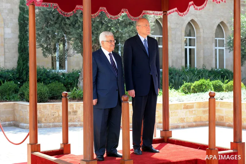 Palestinian president Mahmud Abbas meets with Lebanon's Prime Minister Najib Mikati at the government offices in Beirut on August 17, 2011. Photo by Thaer Ganaim