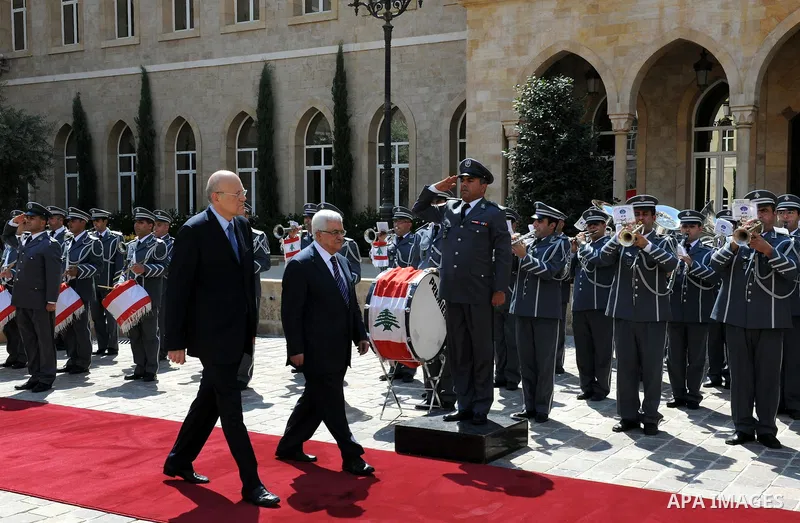 Palestinian president Mahmud Abbas meets with Lebanon's Prime Minister Najib Mikati at the government offices in Beirut on August 17, 2011. Photo by Thaer Ganaim