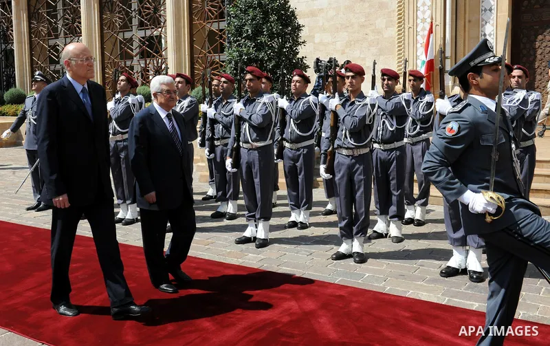 Palestinian president Mahmud Abbas meets with Lebanon's Prime Minister Najib Mikati at the government offices in Beirut on August 17, 2011. Photo by Thaer Ganaim