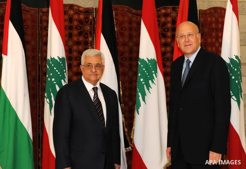 Palestinian president Mahmud Abbas meets with Lebanon's Prime Minister Najib Mikati at the government offices in Beirut on August 17, 2011. Photo by Thaer Ganaim