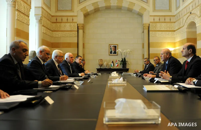 Palestinian president Mahmud Abbas meets with Lebanon's Prime Minister Najib Mikati at the government offices in Beirut on August 17, 2011. Photo by Thaer Ganaim