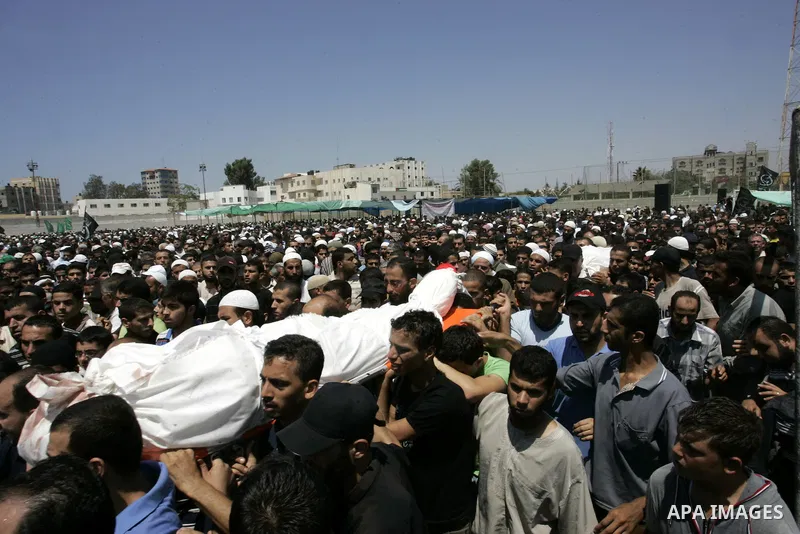 Palestinians attend the funeral of militant Kamal al-Nayrab, secretary-general of the Gaza-based group the Popular Resistance Committees (PRC) and five other people including a baby, killed in Israeli air strikes in the...