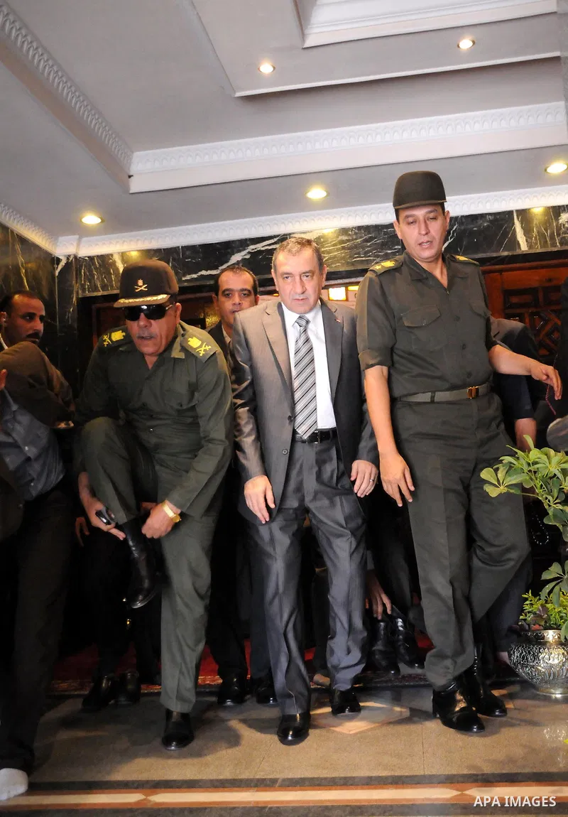 Egyptian Prime Minister, Essam Sharaf attends the last Friday prayers of the holy month Ramadan at a mosque in Cairo on August 26,2011. Egyptian security has been boosted around the Israeli embassy ahead of a protest whi...