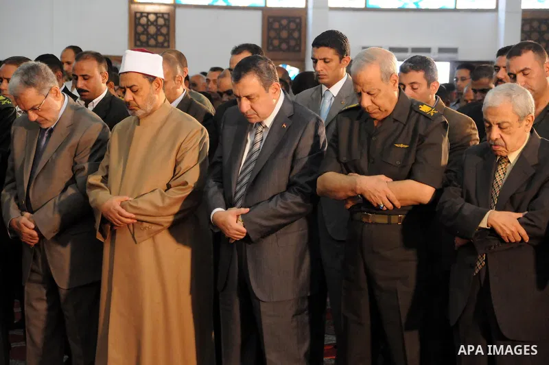 Egyptian Prime Minister, Essam Sharaf attends the last Friday prayers of the holy month Ramadan at a mosque in Cairo on August 26,2011. Egyptian security has been boosted around the Israeli embassy ahead of a protest whi...