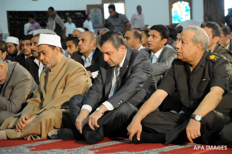 Egyptian Prime Minister, Essam Sharaf attends the last Friday prayers of the holy month Ramadan at a mosque in Cairo on August 26,2011. Egyptian security has been boosted around the Israeli embassy ahead of a protest whi...