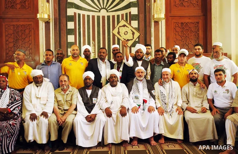 Palestinian Prime Minister in gaza Ismail Haniya meets with members of the African delegation "Freedom for prisoners convoy" at al-Nour mosque in Gaza city, on August 26, 2011. Photo by Ahmed Shaat