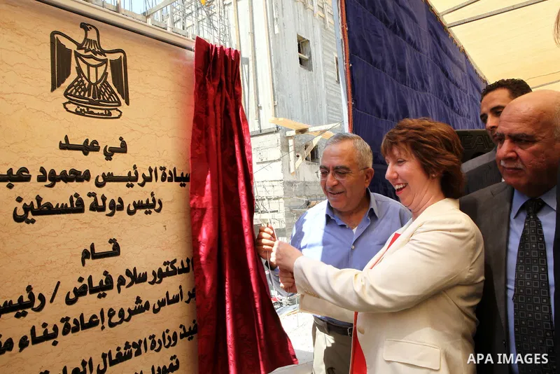 Palestinian Prime Minister, Salam Fayyad and Foreign Affairs Commissioner in the European Union Catherine Ashton, during the development of the foundation stone of the Security compound (province) in the governorate of J...
