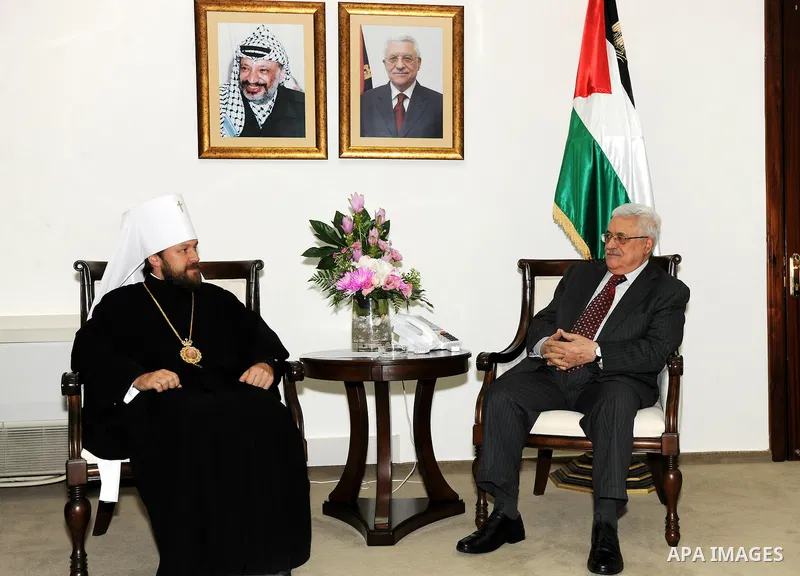 Palestinian President Mahmoud Abbas (Abu Mazen) meets with the Chairman of the Committee on Foreign Relations of the Russian Patriarchate, Aalarion in the West Bank city of Ramallah on Aug. 28, 2011. Photo by Mufeed Abu...