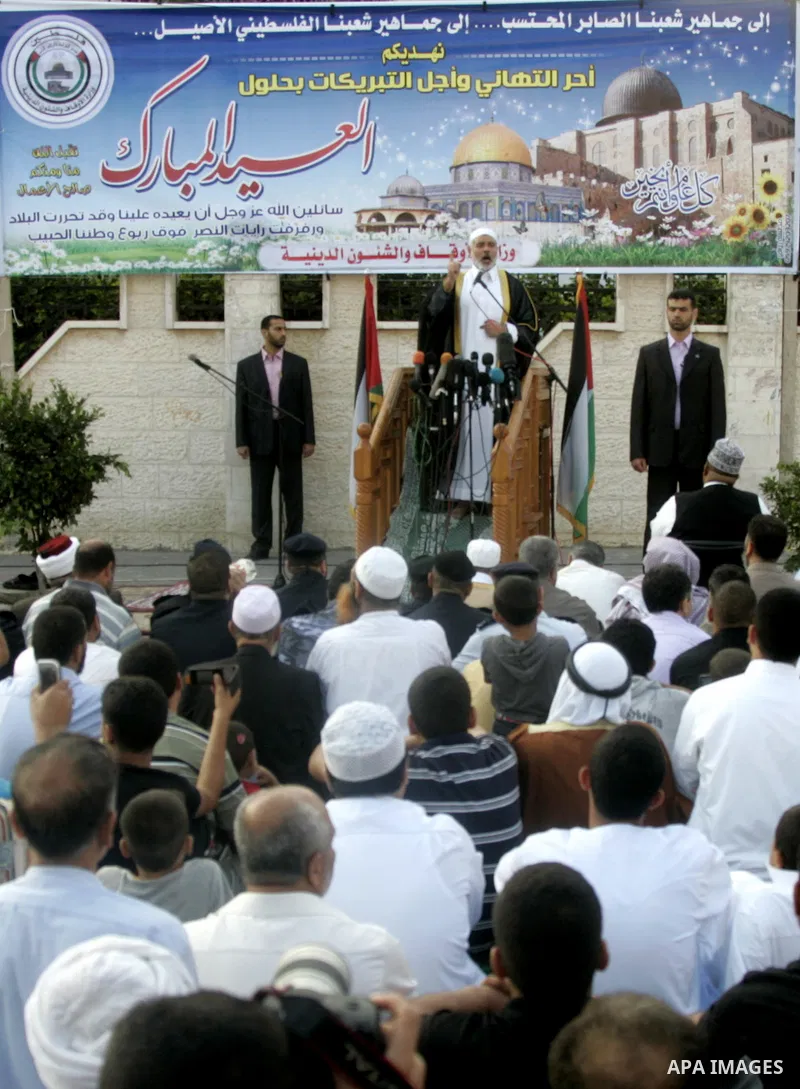 Ismail Haniya, Palestinian Prime Minister in the Gaza Strip, addresses the public during an open air morning prayer to celebrate Eid al-Fitr in Khan Yunis town the southern Gaza Strip on August 30, 2011. The Palestinian...