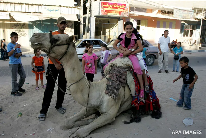 Palestinian children enjoy riding a camel at the second day of the Eid al-Fitr holiday, which marks the end of the holy fasting month of Ramadan in Rafah in the southern Gaza Strip on August 31 2011. Photo by Abed Rahim...