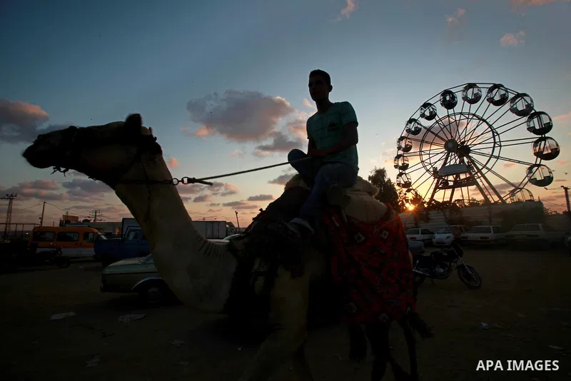 Palestinian children enjoy a ride at an amusement park on the third day of the Eid al-Fitr holiday, which marks the end of the holy fasting month of Ramadan in Gaza city on Sept. 1,2011. Photo by Ashraf Amra